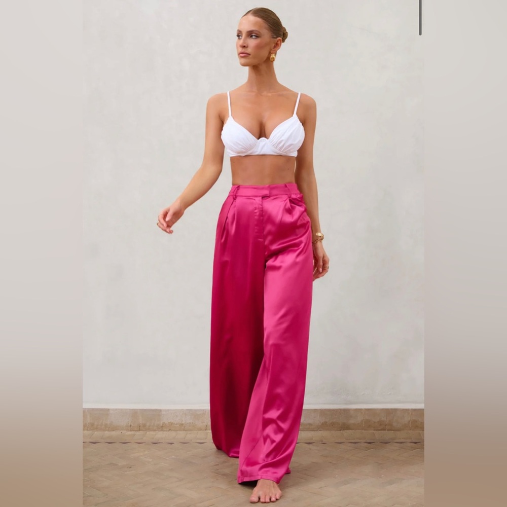 HOT PINK SATIN HIGH WAIST WIDE LEG TROUSERS